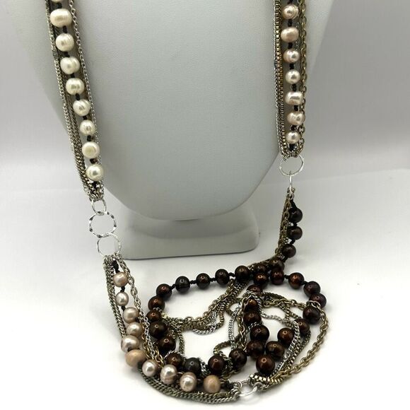 Nakamol brown  and cream pearl multi strand long chain necklace - Picture 4 of 15